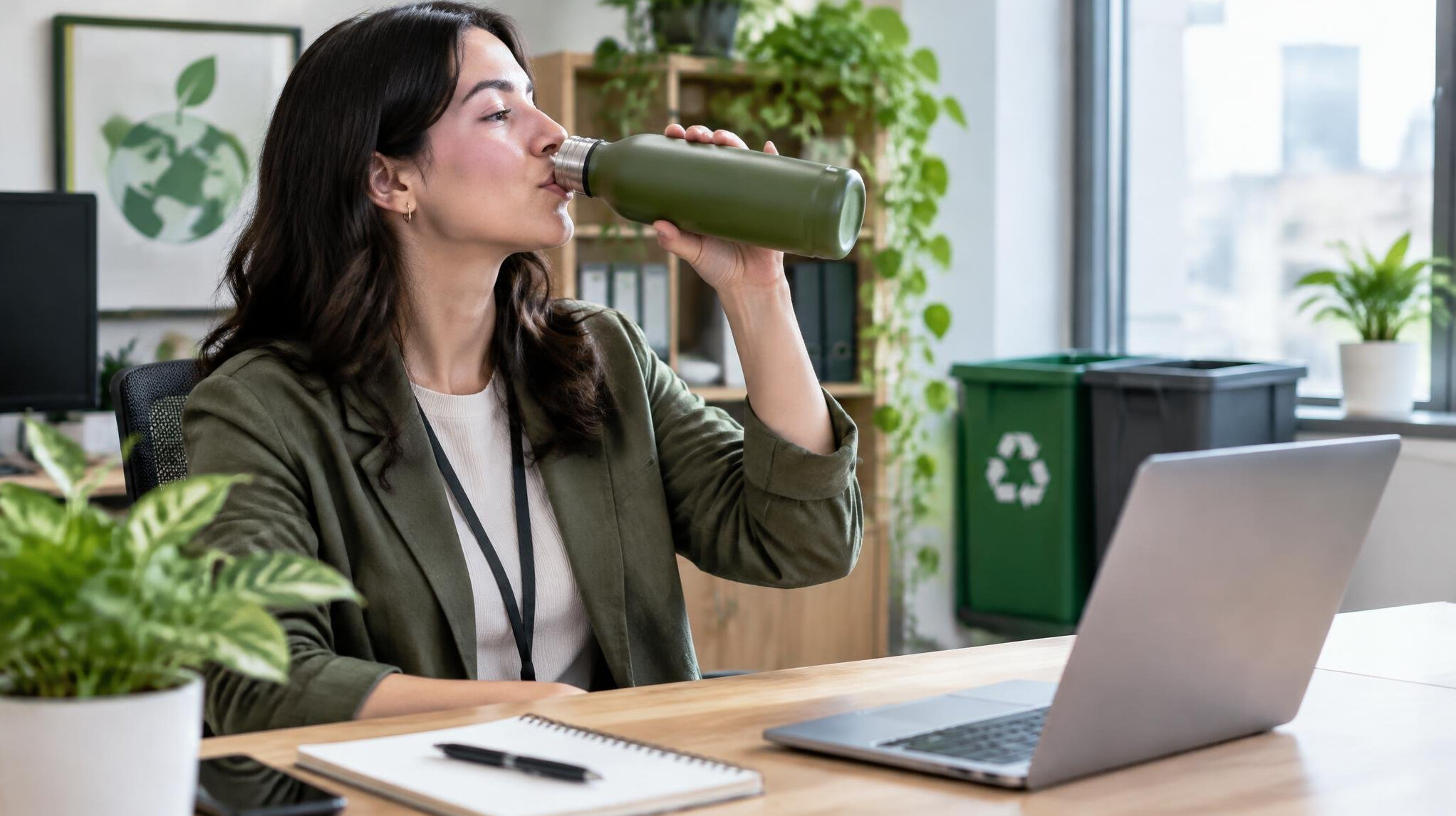 person using reusable water bottle in office