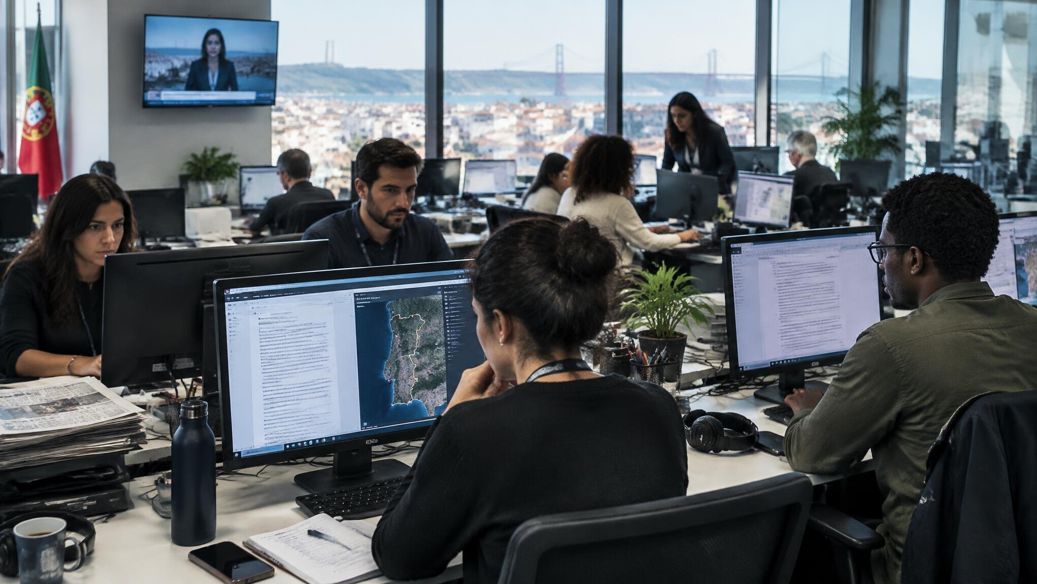 Sala de redação com jornalistas a trabalhar em investigações
