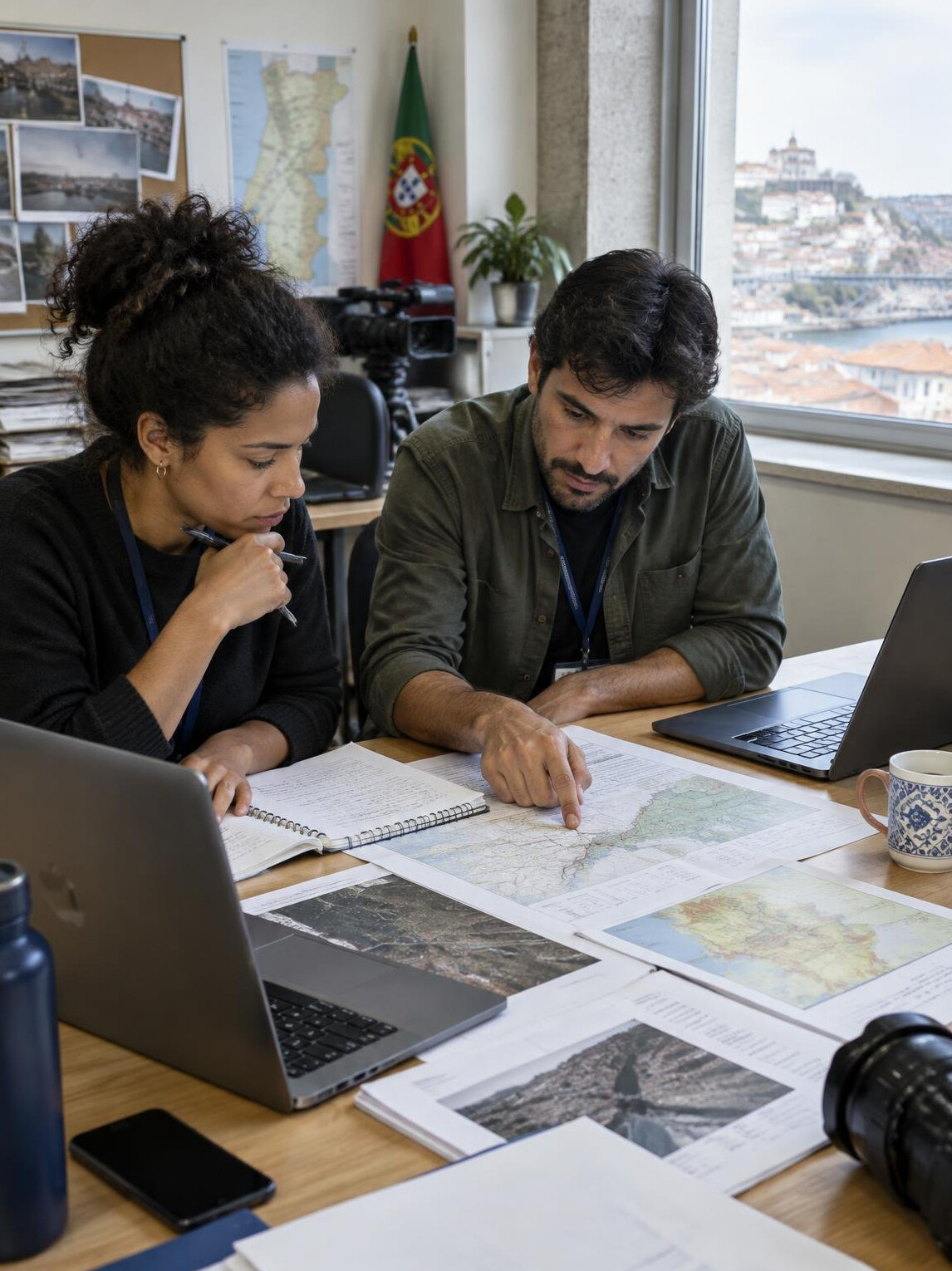 Jornalistas a analisar mapas e documentos numa redação