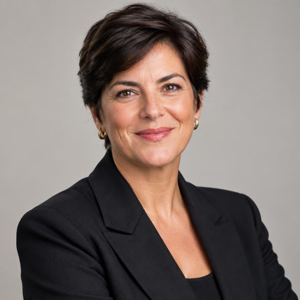 Mulher portuguesa de meia idade, diretora editorial, sorriso profissional