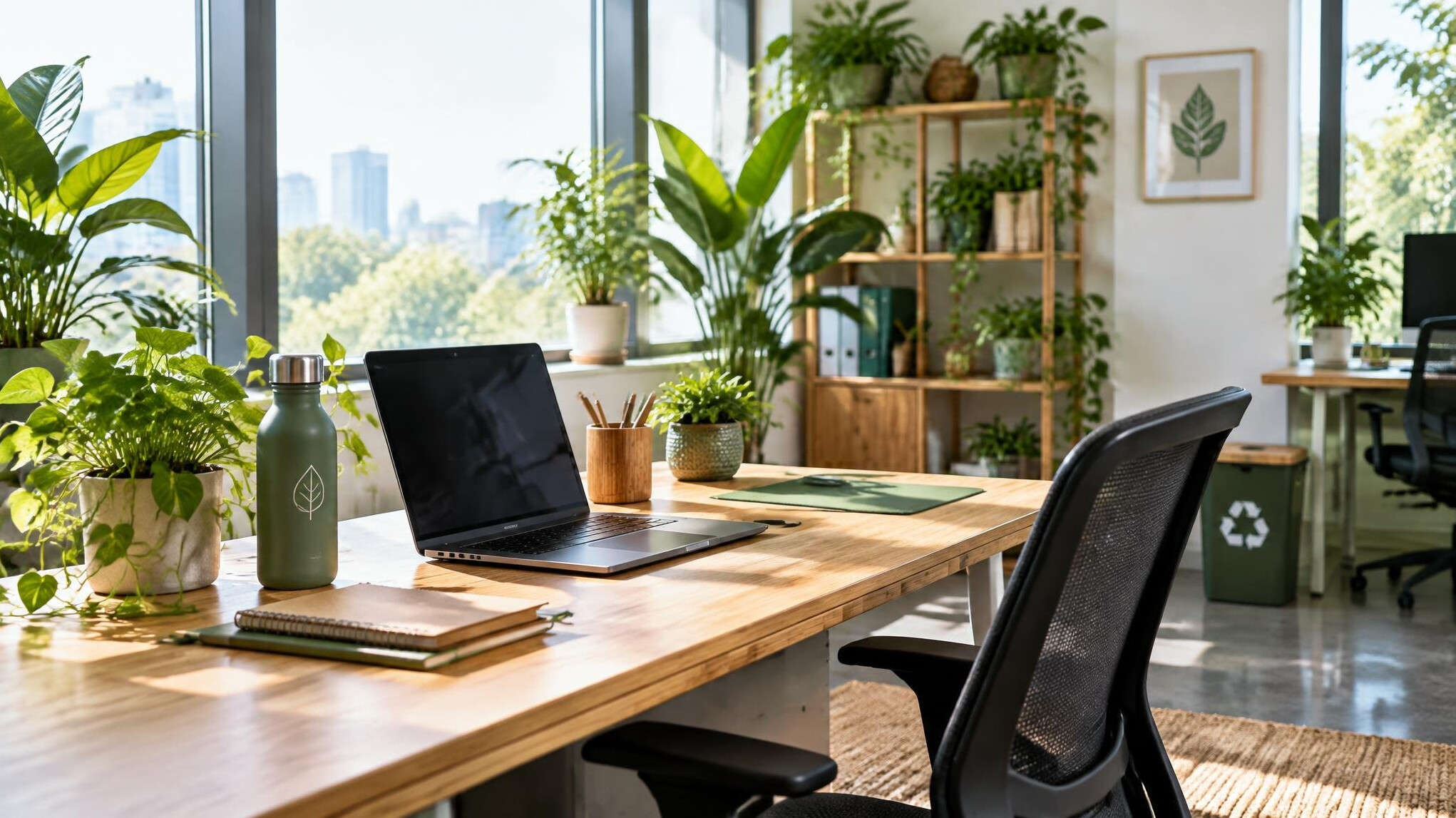 sustainable office desk with plants