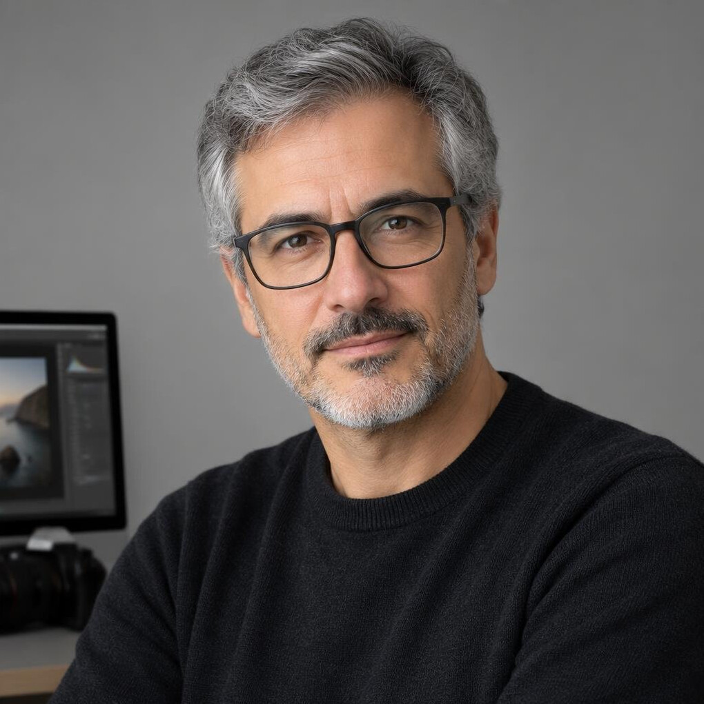 Homem português de meia idade, editor de fotografia, cabelo grisalho